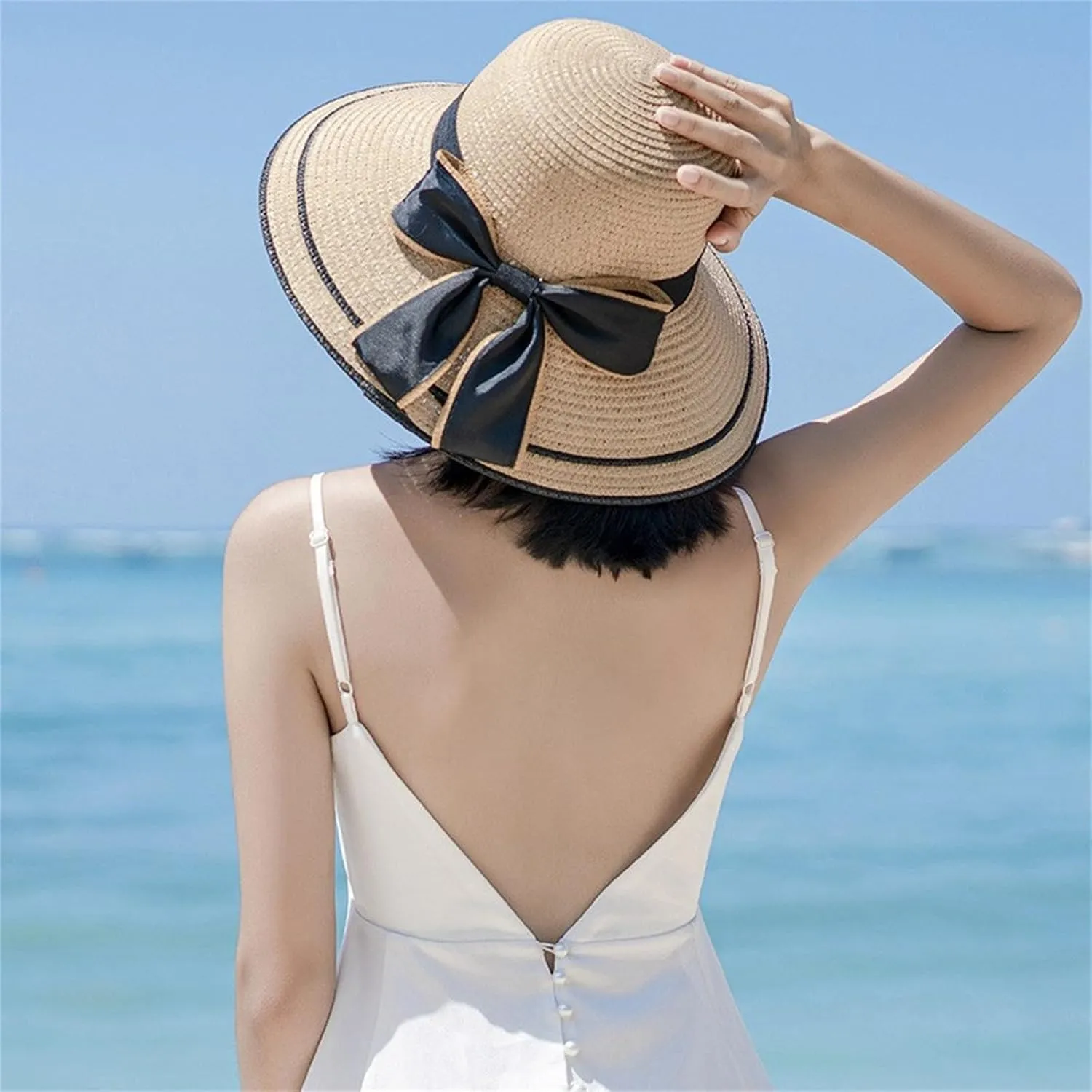 Women's Wide Brim Straw Sun Visor Hat Roll Up Straw Sun Hat with Bow Tie for Women