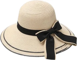 Women's Wide Brim Straw Sun Visor Hat Roll Up Straw Sun Hat with Bow Tie for Women