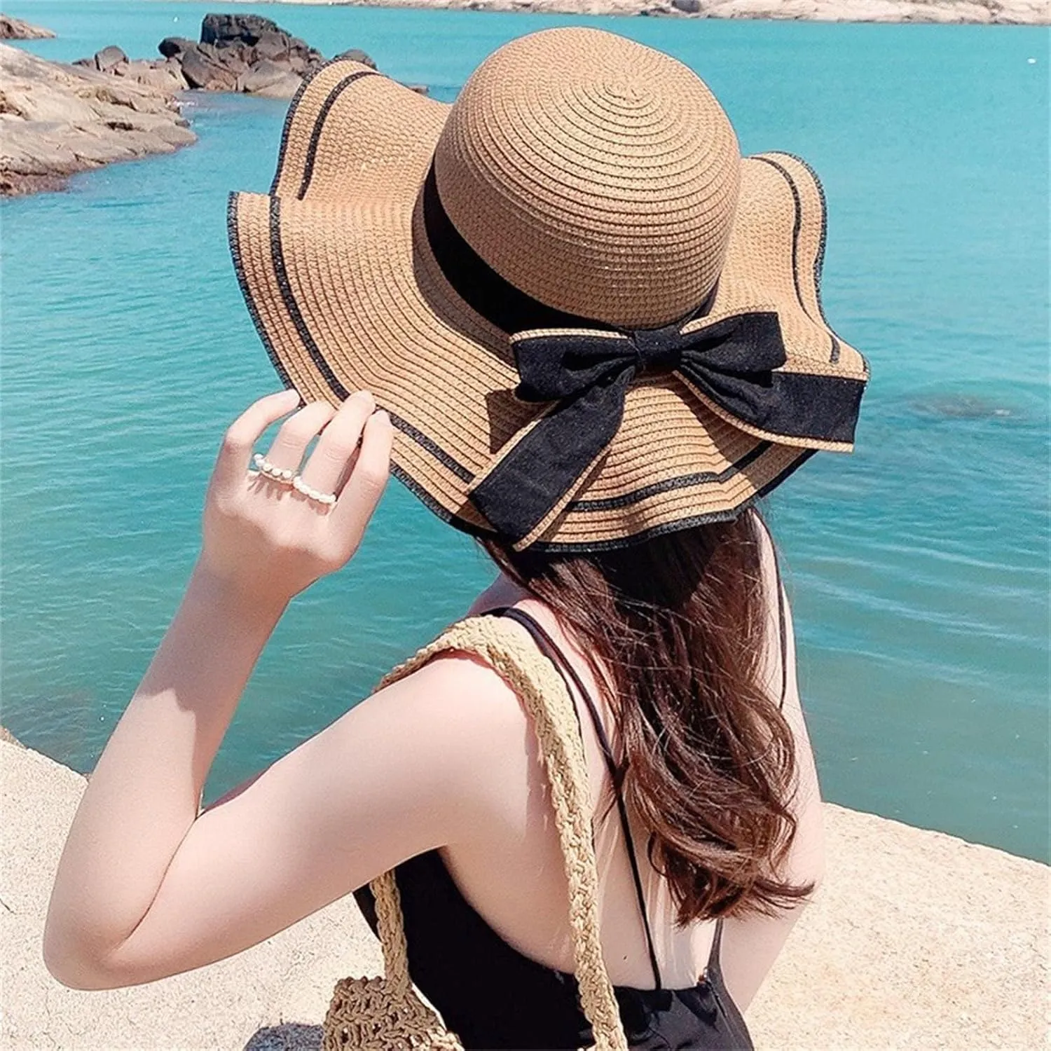 Women's Wide Brim Straw Sun Visor Hat Roll Up Straw Sun Hat with Bow Tie for Women