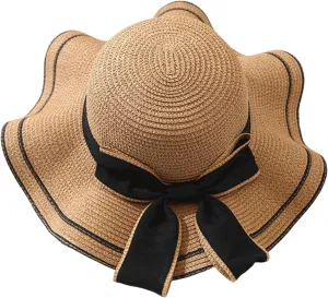 Women's Wide Brim Straw Sun Visor Hat Roll Up Straw Sun Hat with Bow Tie for Women
