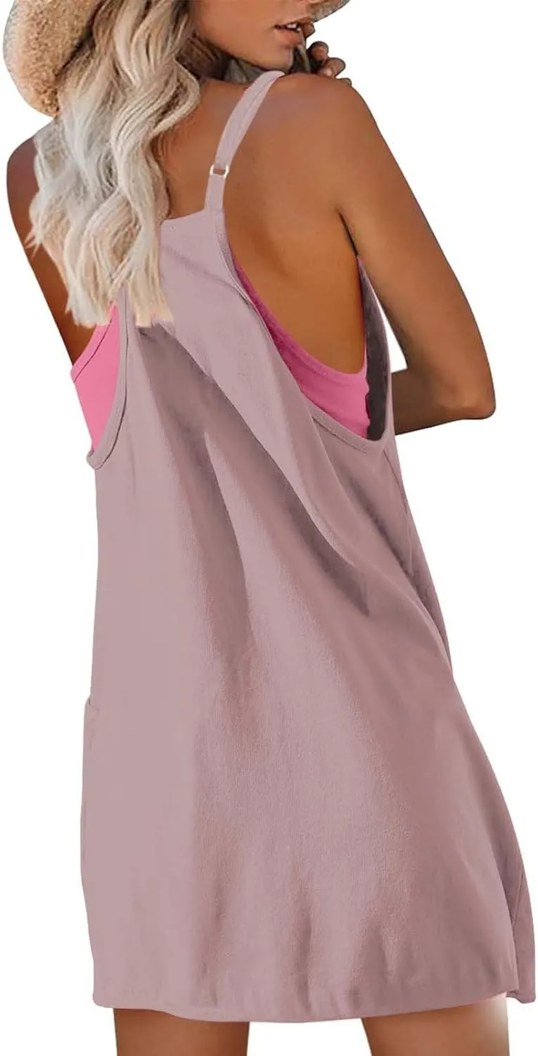 Womens Workout Romper Dress with Shorts Underneath Sleeveless Adjustable Spaghetti Straps Sports Mini Romper Dress