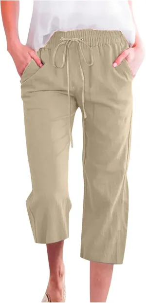 yardsong Linen Capris for Women Summer Casual Loose Fit Cropped Pants Drawstring Elastic Waist Lounge Pant with Pockets