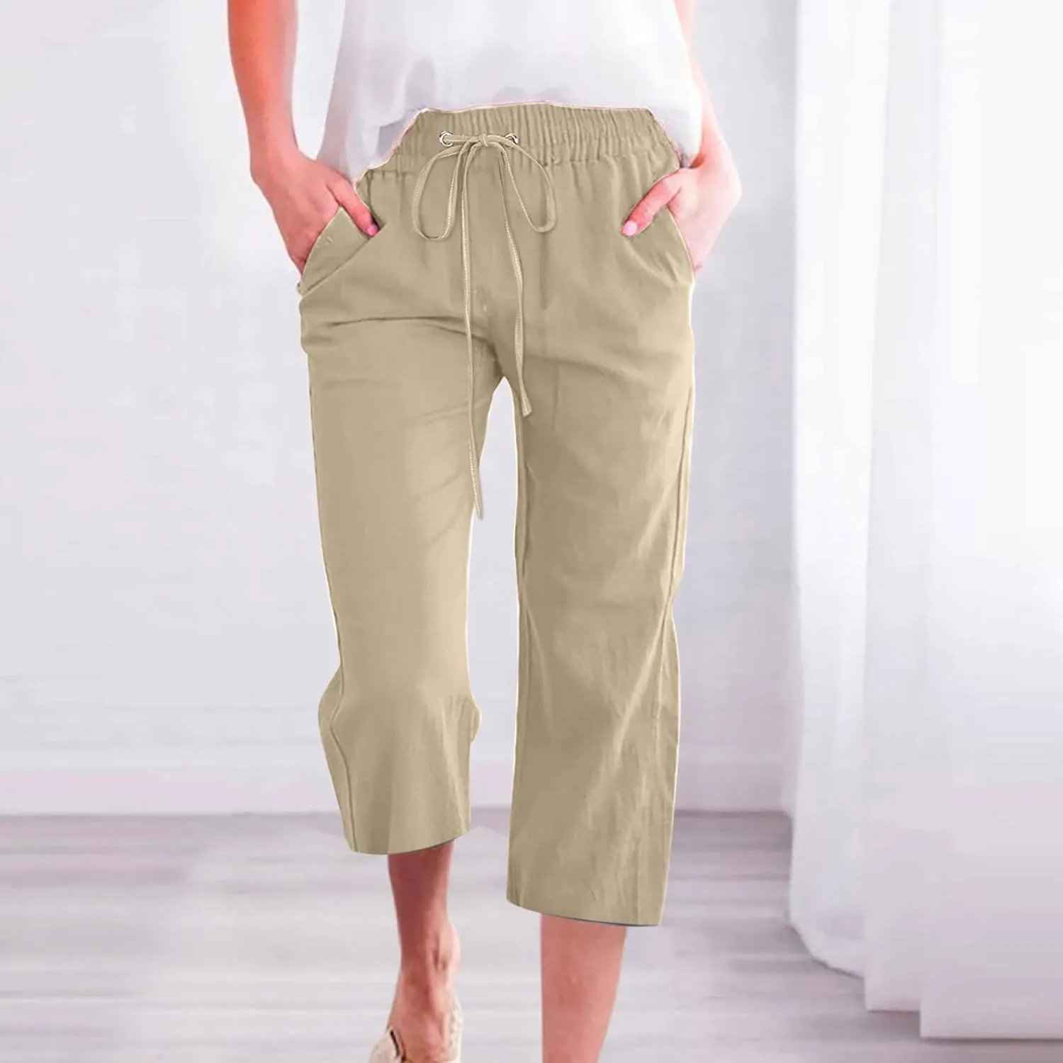 yardsong Linen Capris for Women Summer Casual Loose Fit Cropped Pants Drawstring Elastic Waist Lounge Pant with Pockets