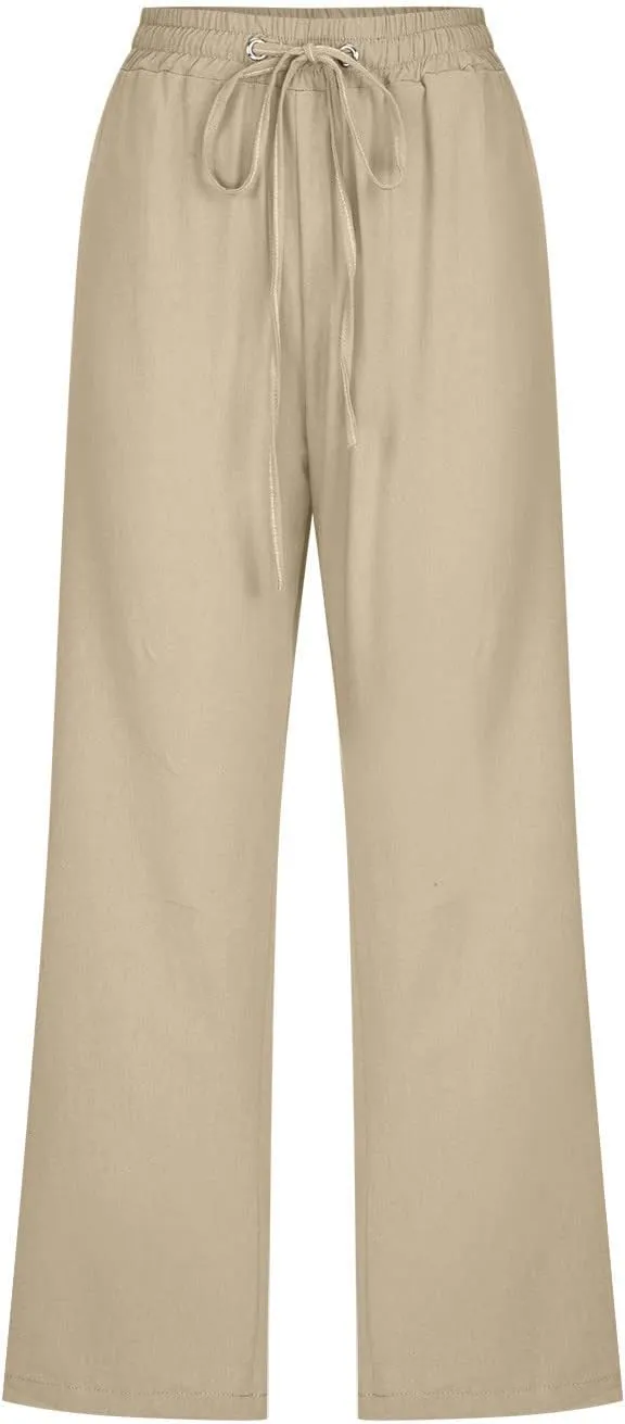 yardsong Linen Capris for Women Summer Casual Loose Fit Cropped Pants Drawstring Elastic Waist Lounge Pant with Pockets