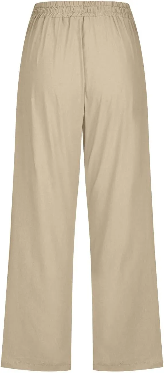 yardsong Linen Capris for Women Summer Casual Loose Fit Cropped Pants Drawstring Elastic Waist Lounge Pant with Pockets