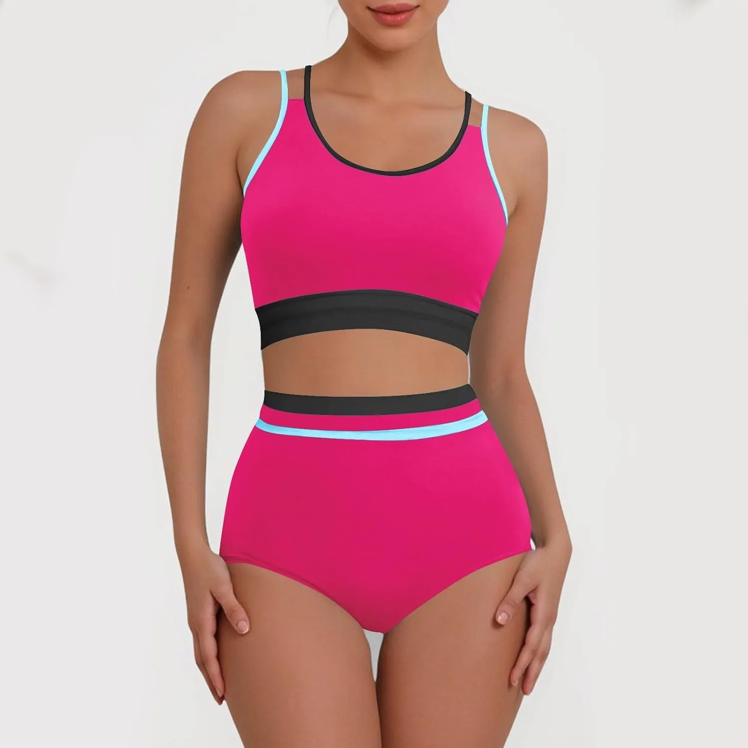 yardsong Modest Bikini Sets for Women Two Piece Sporty Bathing Suits Double Shoulder Straps Scoop Neck High Waist Swimsuits