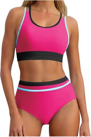 yardsong Modest Bikini Sets for Women Two Piece Sporty Bathing Suits Double Shoulder Straps Scoop Neck High Waist Swimsuits