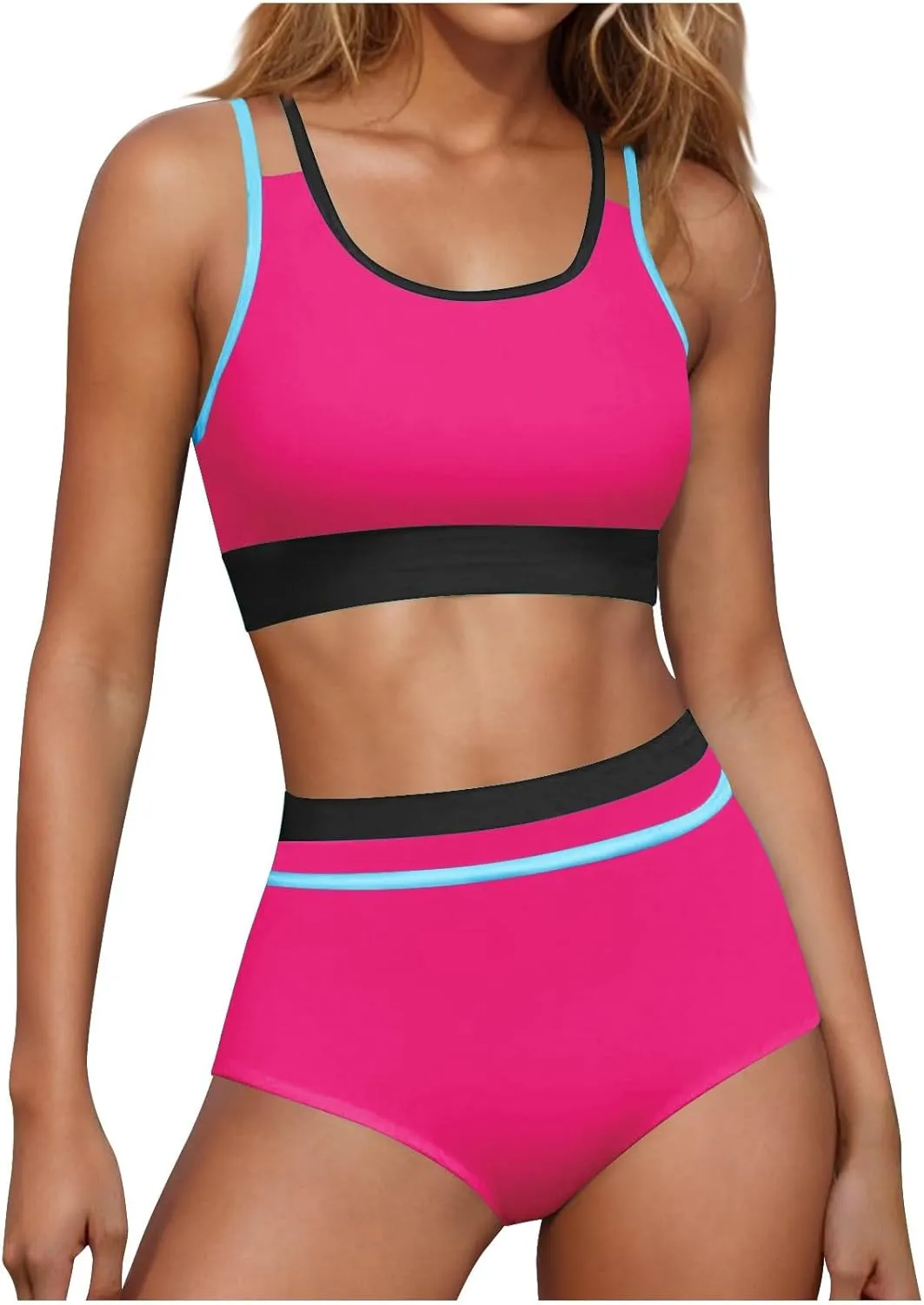 yardsong Modest Bikini Sets for Women Two Piece Sporty Bathing Suits Double Shoulder Straps Scoop Neck High Waist Swimsuits