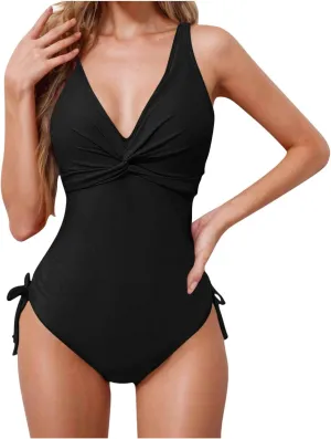yardsong One Piece Swimsuit Women Tummy Control V Neck Twist Knot Bathing Suits Adjustable Shoulder Straps Swimwear
