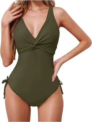 yardsong One Piece Swimsuit Women Tummy Control V Neck Twist Knot Bathing Suits Adjustable Shoulder Straps Swimwear