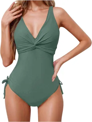 yardsong One Piece Swimsuit Women Tummy Control V Neck Twist Knot Bathing Suits Adjustable Shoulder Straps Swimwear