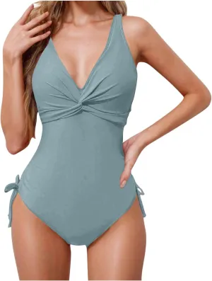 yardsong One Piece Swimsuit Women Tummy Control V Neck Twist Knot Bathing Suits Adjustable Shoulder Straps Swimwear