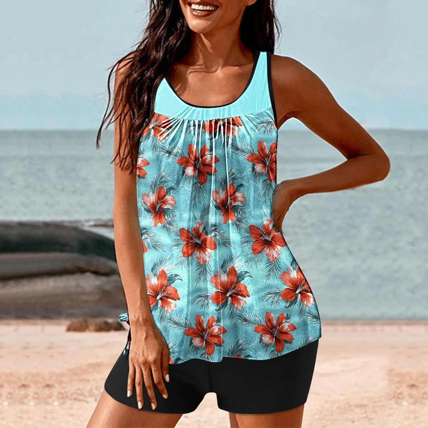 yardsong Tankini Swimsuits for Women Modest Two Piece Bathing Suits Blouson Swim Tank Top with Boy Shorts Trendy Swimwear