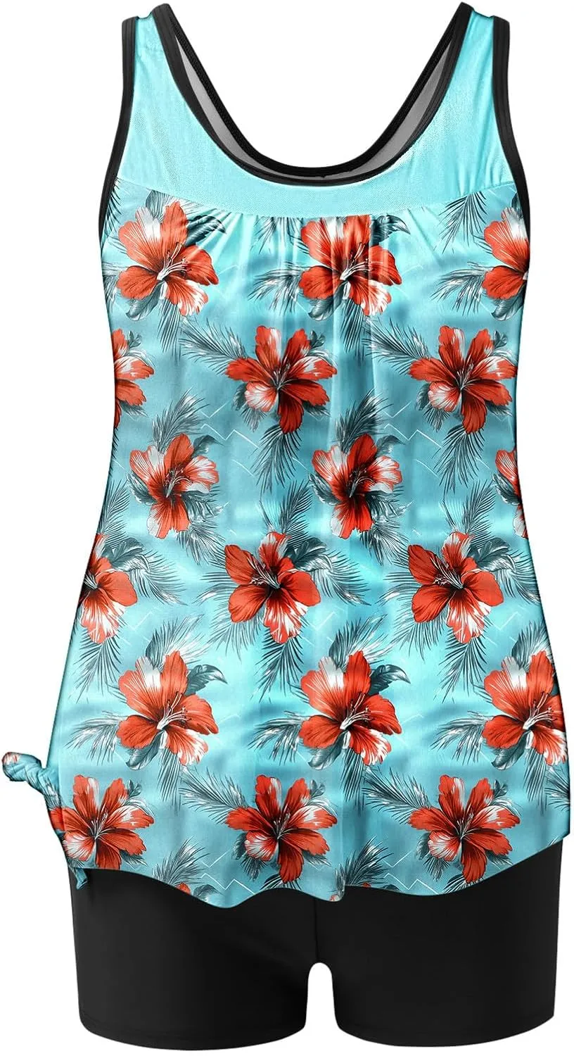 yardsong Tankini Swimsuits for Women Modest Two Piece Bathing Suits Blouson Swim Tank Top with Boy Shorts Trendy Swimwear
