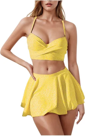 yardsong Two Piece Swimsuit for Women Boho Polka Dot Print Skirted Bikini Sets Adjustable Spaghetti Straps Cute Bathing Suit