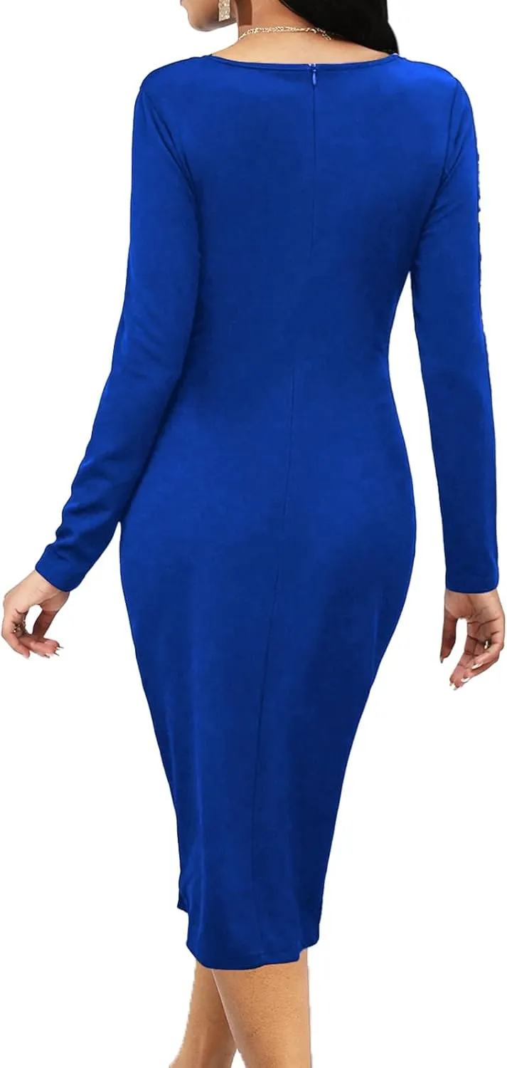 Yiershu Women Casual Half Zip Crewneck Decoration Long Sleeve Dress Pullover Midi Dress