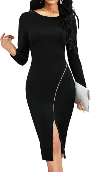 Yiershu Women Casual Half Zip Crewneck Decoration Long Sleeve Dress Pullover Midi Dress