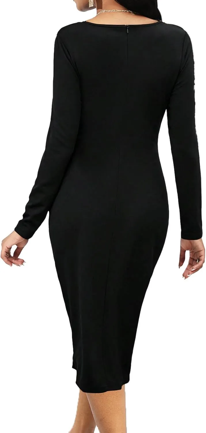 Yiershu Women Casual Half Zip Crewneck Decoration Long Sleeve Dress Pullover Midi Dress
