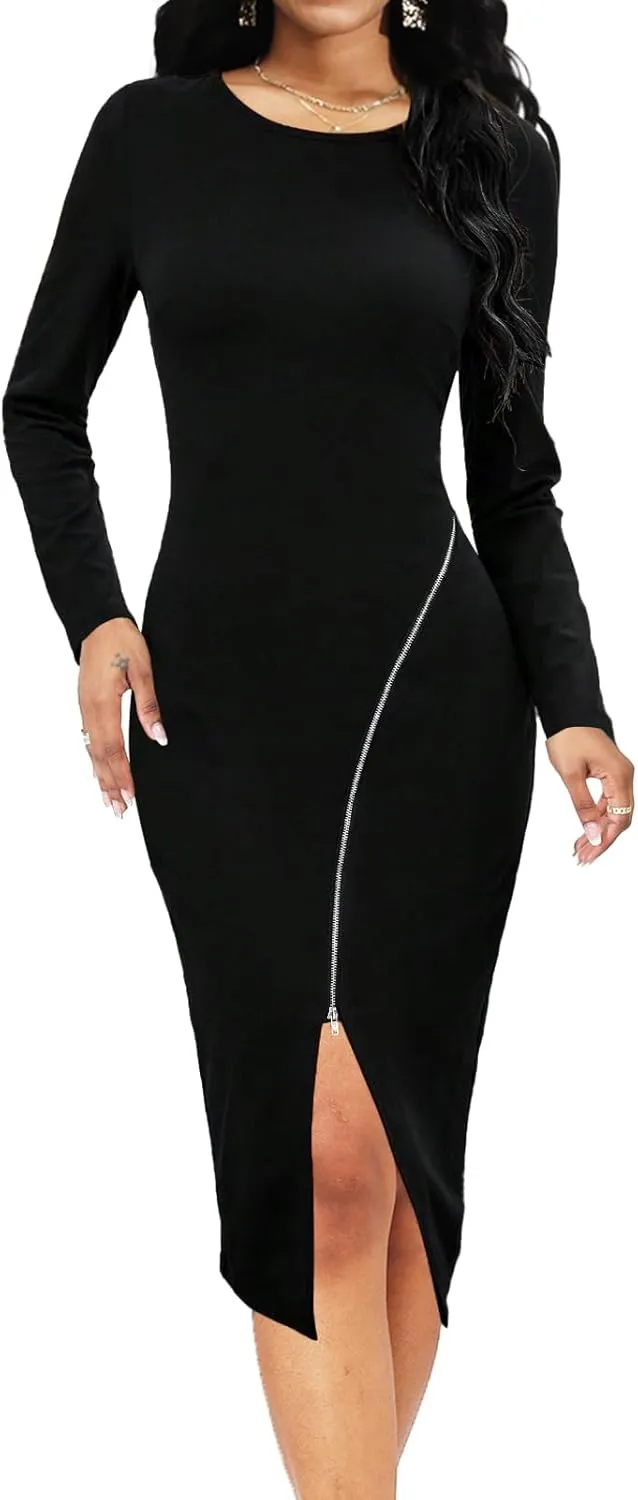 Yiershu Women Casual Half Zip Crewneck Decoration Long Sleeve Dress Pullover Midi Dress