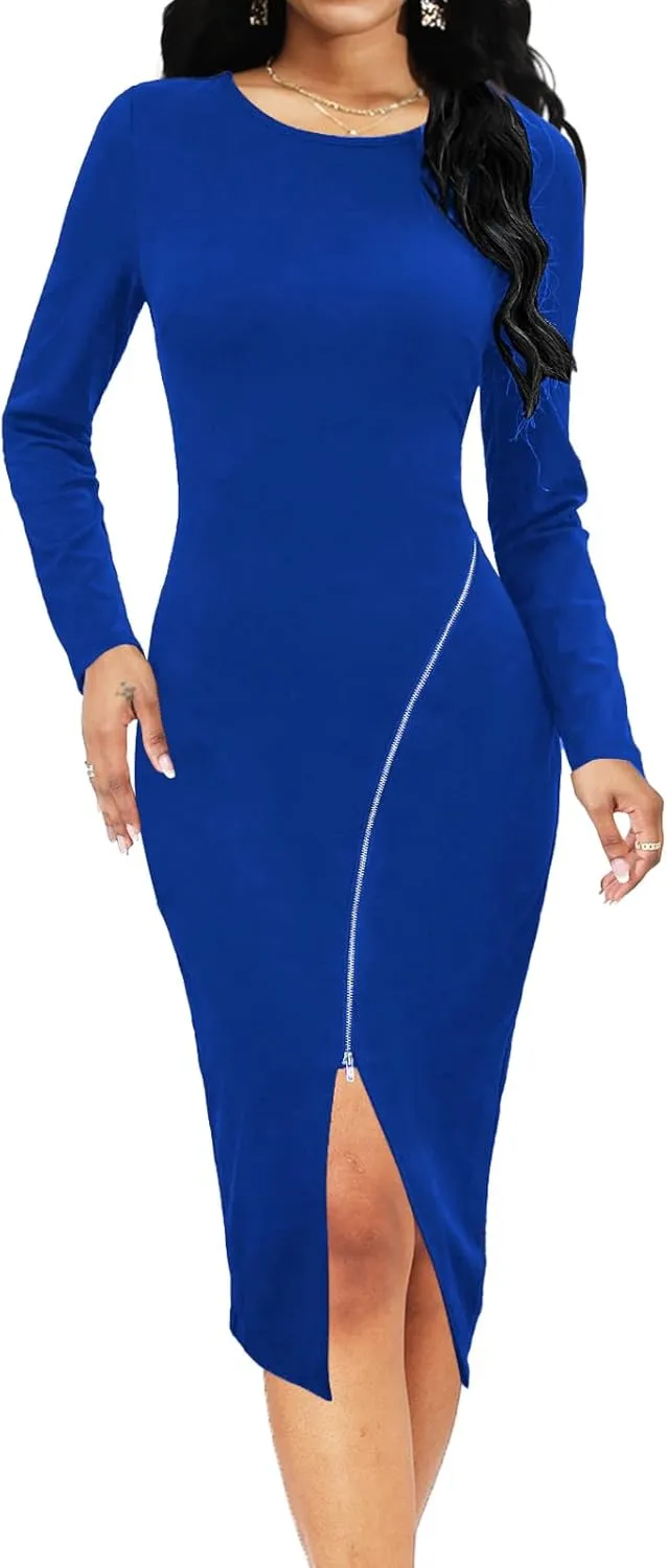 Yiershu Women Casual Half Zip Crewneck Decoration Long Sleeve Dress Pullover Midi Dress